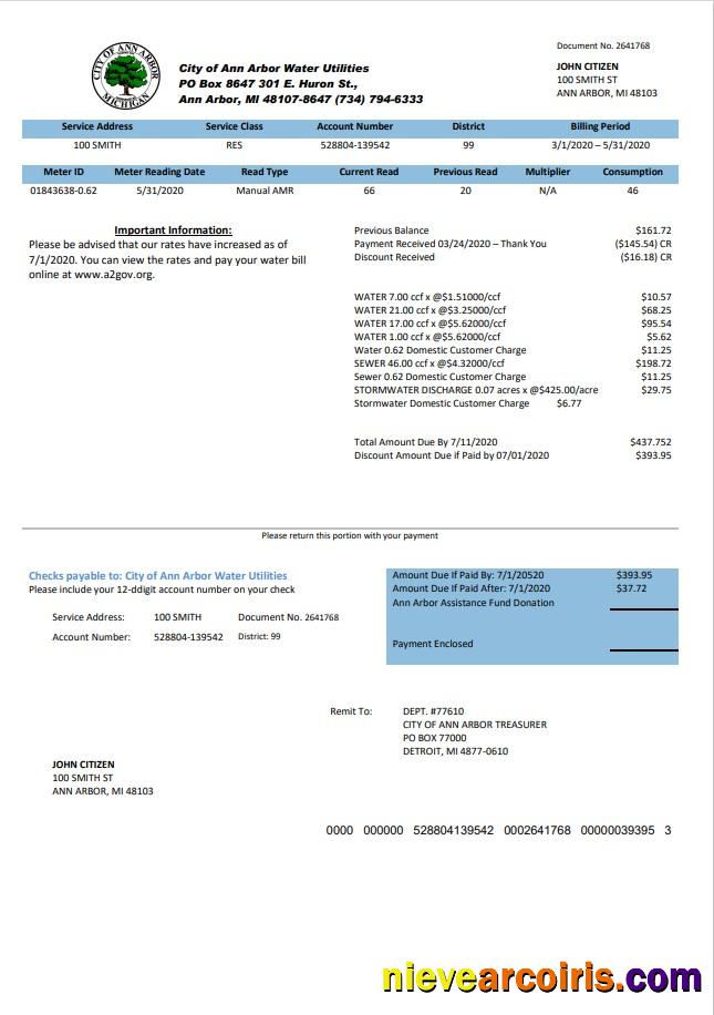 USA Michigan City of Ann Arbor Water Utilities bill